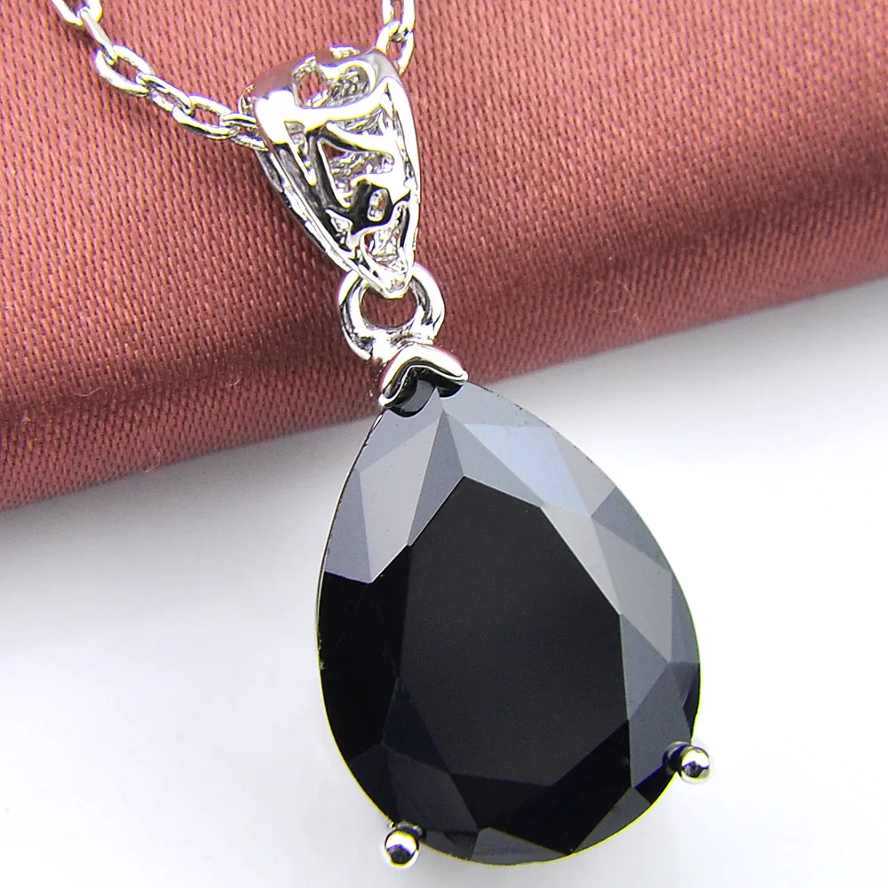 Luckyshine Classic Sparking Fire Water Drop Black Onyx Cubic Zirconia Gemstone Silver Pendants Necklaces for Holiday Wedding Party