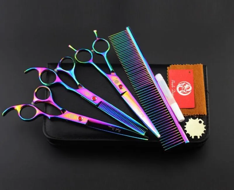 Com pacote de couro de varejo roxo dragão 3 pcs set 7.0 "profissional tesoura de cabelo tesoura de corte de cabelo / tesoura de desbaste + pente roxo