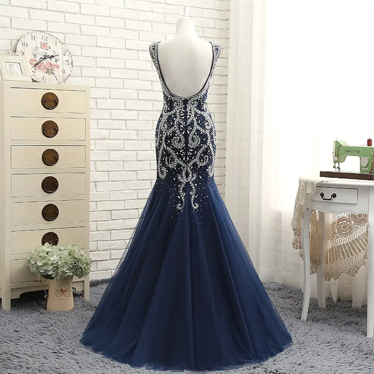 New High-End Atmosphere Navy Heavy Beaded Evening Dresses Halter Collar Long Tail Yarn V Dance Party Dresses HY065