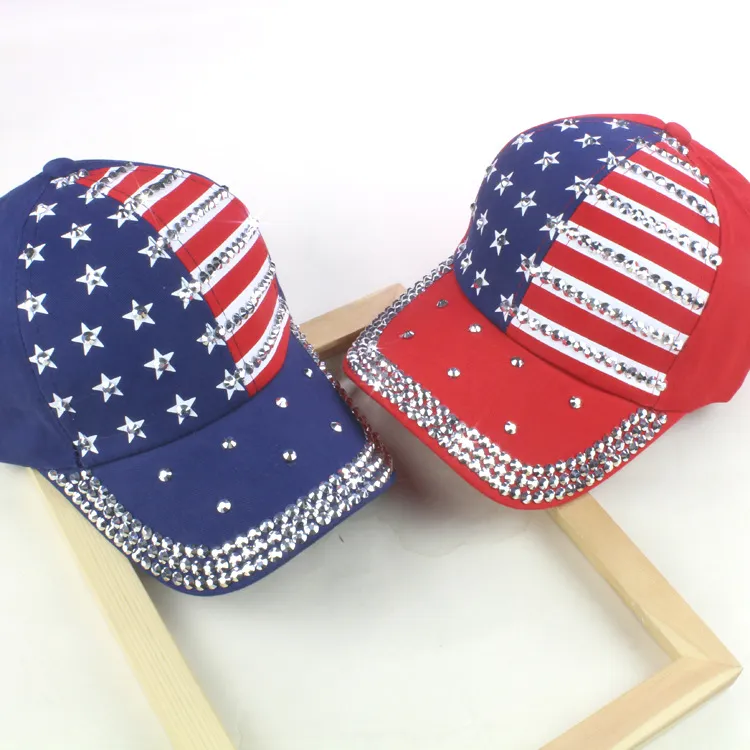 Niños grandes gorras de béisbol Verano 4 de julio Bandera estadounidense Sombrero adolescente Moda Rhinestone vaquero Gorra Ocio Estrella rayas Sombreros para el sol C4341