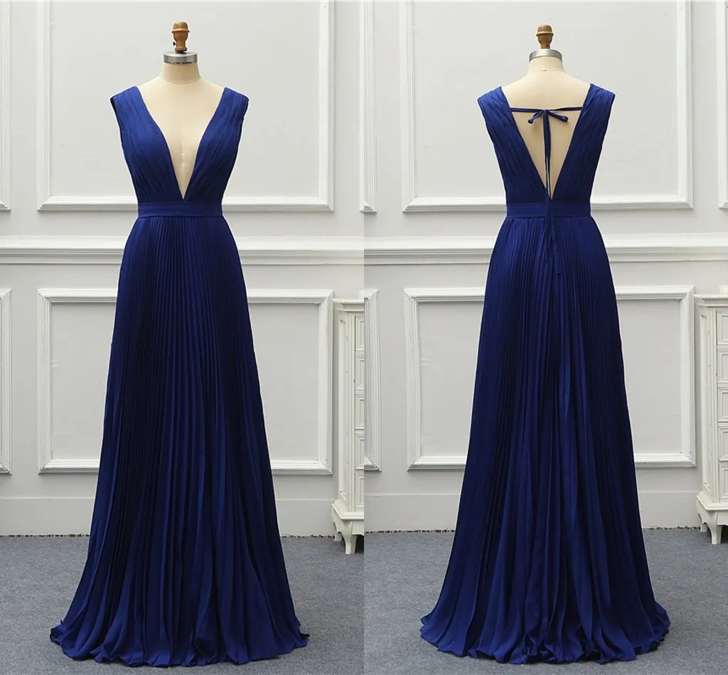 Sexy Royal Blue Bridesmaid Dresses Deep V neck Open Back Chiffon Ruched Floor Length Cheap Long Prom Evening Formal Dress Gowns 2019