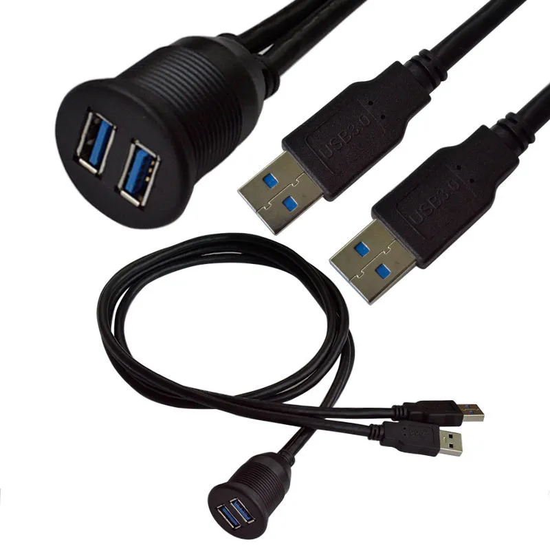 2 portar Dual USB 3.0 Extension Aux Flush Dashboard Bilmonterad förlängningskabel för biltruck båt motorcykel instrumentbräda 1m