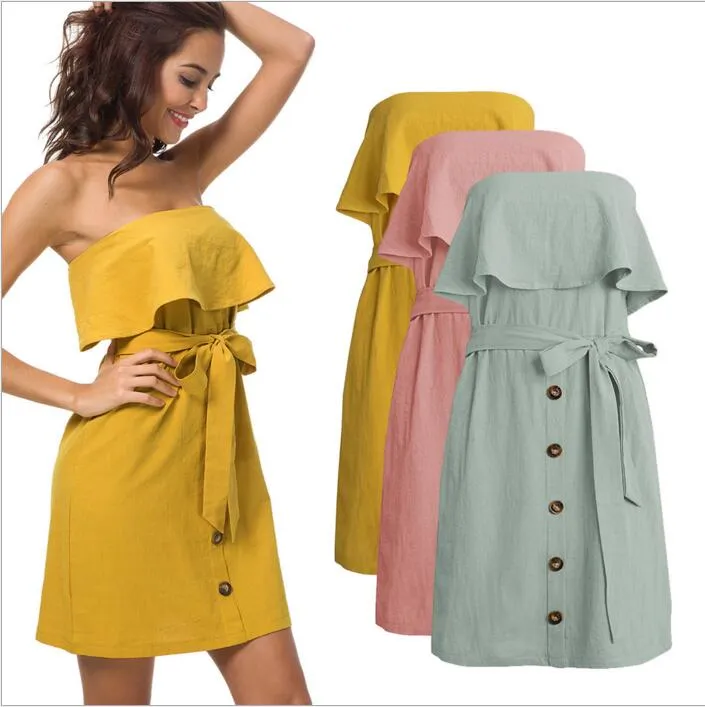Dresses Women Summer Lotus Leaf Dress Lady Off Shoulder Casual Dresses ...