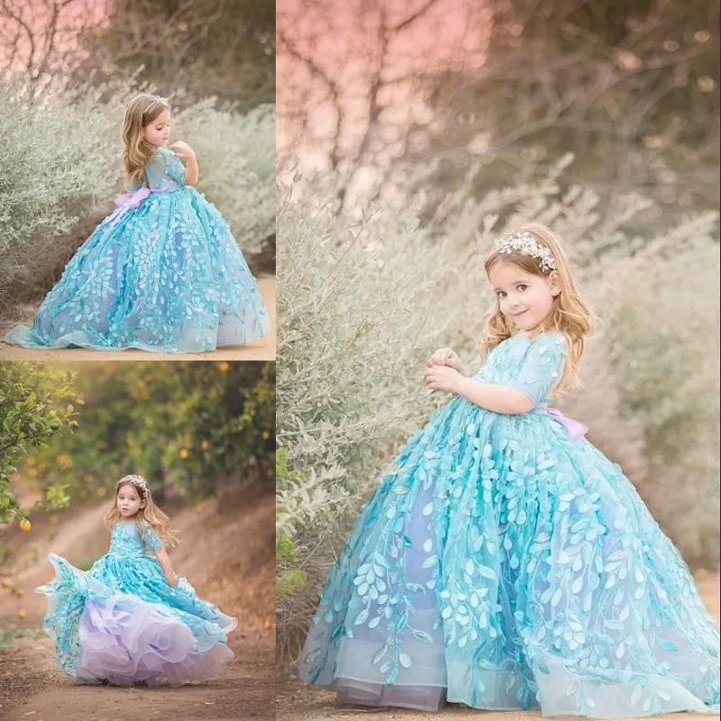 Aqua Blue and Lavender Birthday Jurken 2018 Fairy Applicaties Couture Flower Girl Dress Lovely 1/2 Lange mouwen Baljurk Toddler Pageant Dres