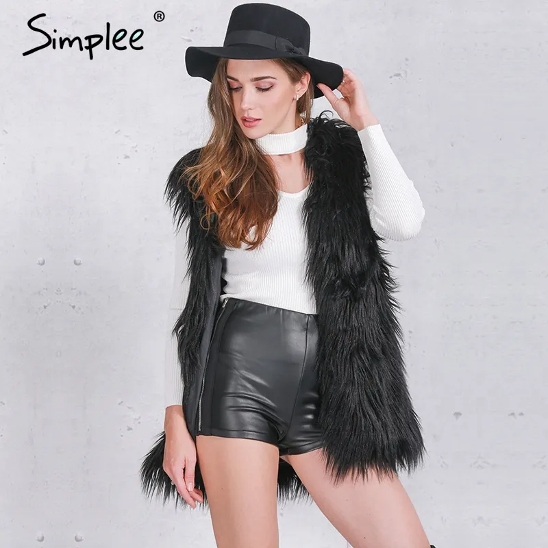 Simplee Gilet gilet in pelliccia sintetica nera soffice Cappotti da donna capispalla senza maniche autunno inverno Morbido soprabito peloso bianco