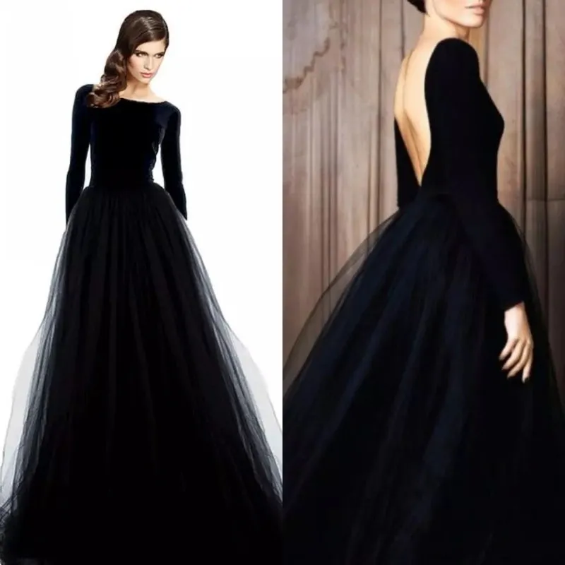 stunning long sleeve evening gowns black velvet dresses evening wear bateau neck low cut back a line tulle skirt formal dresses 2019