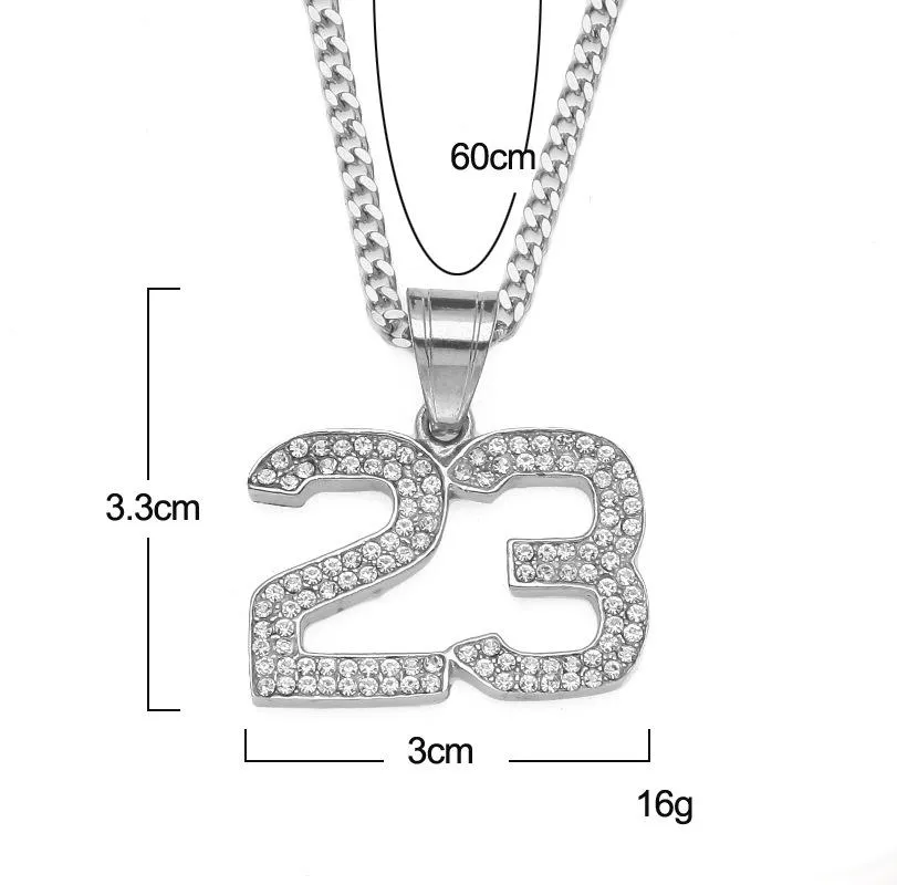 Stainless Steel Iced Out 23 No Pendant Bling Bling Rhinestone Crystal Men's Hip hop Pendant Necklace Chain Drop Shipping