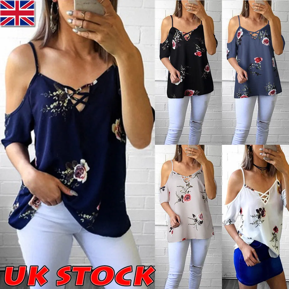 Womens Cold Shoulder Floral Summer Topy Damskie Luźne Casual Bluzka Tee T Shirt