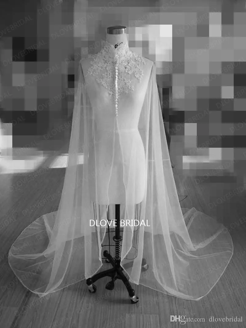 Romantic Lace High Neck Long Bridal Wrap Wedding Shoulder Veil Cloaks Factory Custom Make Mantle Bolero with Covered Buttons Real 9191840