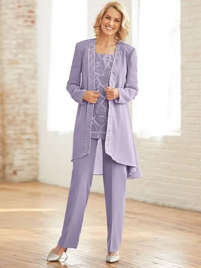 Mode Perlée Mère De La Mariée Pantalon Costumes Jewel Cou Paillettes Robe D'invité De Mariage Formelle Avec Vestes Plus La Taille Mères Marié 266t