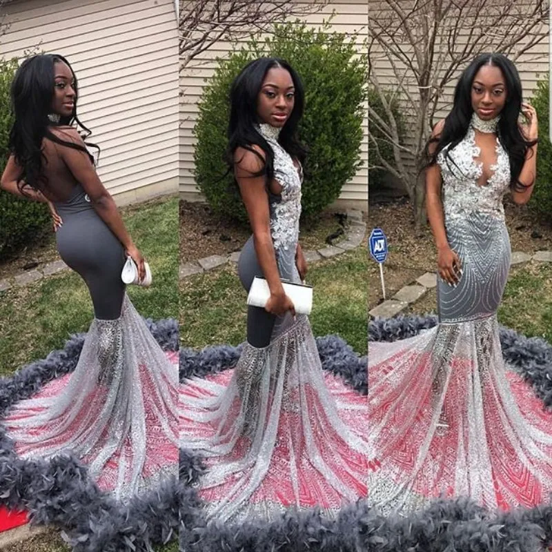 Attractive Sexy Feather Prom Dresses High Neck Sequins Beaded Lace Applique Mermaid Evening Dress Custom Made Stunning Vestidos De Fiesta