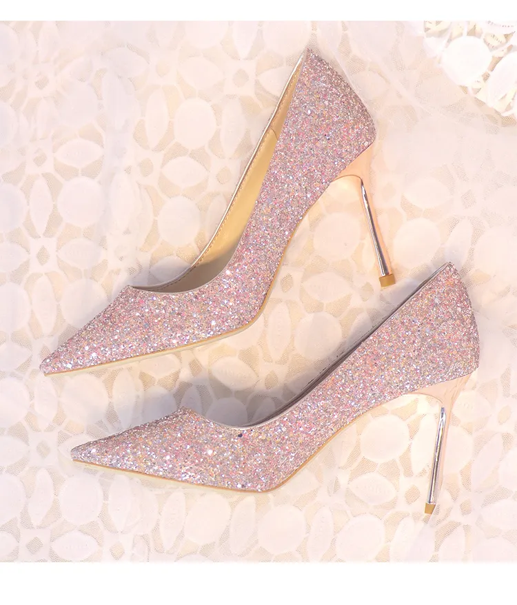 Sparkly Champagne Sequined Wedding Shoes For Bride Stiletto Heel Prom Banquet High Heels Plus Size Pointed Toe Shallow Bridal Shoes