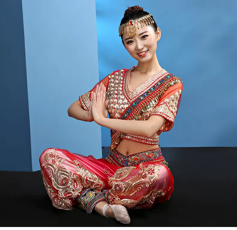 Nuovi costumi di danza orientale Abbigliamento di danza del ventre femminile Top + pantalone Abbigliamento da esibizione in stile indiano egiziano Set di costumi di danza del ventre