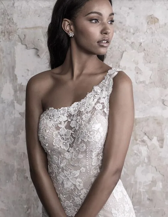 Elegant One Shoulder Mermaid wedding attendee dress with Lace Applique and  Sweep Train by Madison James - Customizable and Upscale Bridal Gown