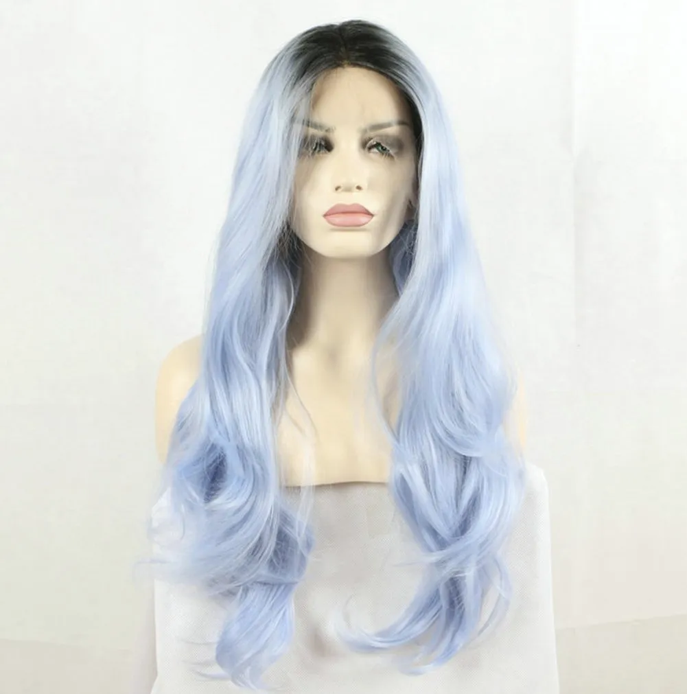 Fantasy Beauty Fantasy Beauty Dark Root Ombre Pastel Blue Heat Resistant Fiber Hair Long Nature Wave Light Blue Synthetic Lace Front Wigs