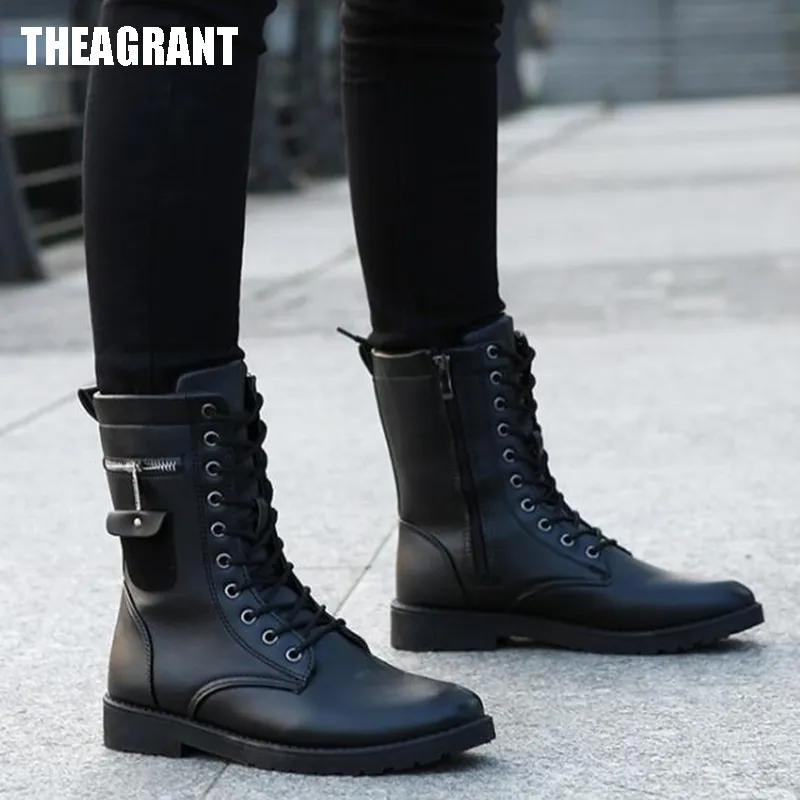 THEAGRANT 2018 Men Boots Pu Leather Man Flat Shoes Mid Calf Autumn Winter Male Lace Up Martin Combat Boots Footwear MBS3000