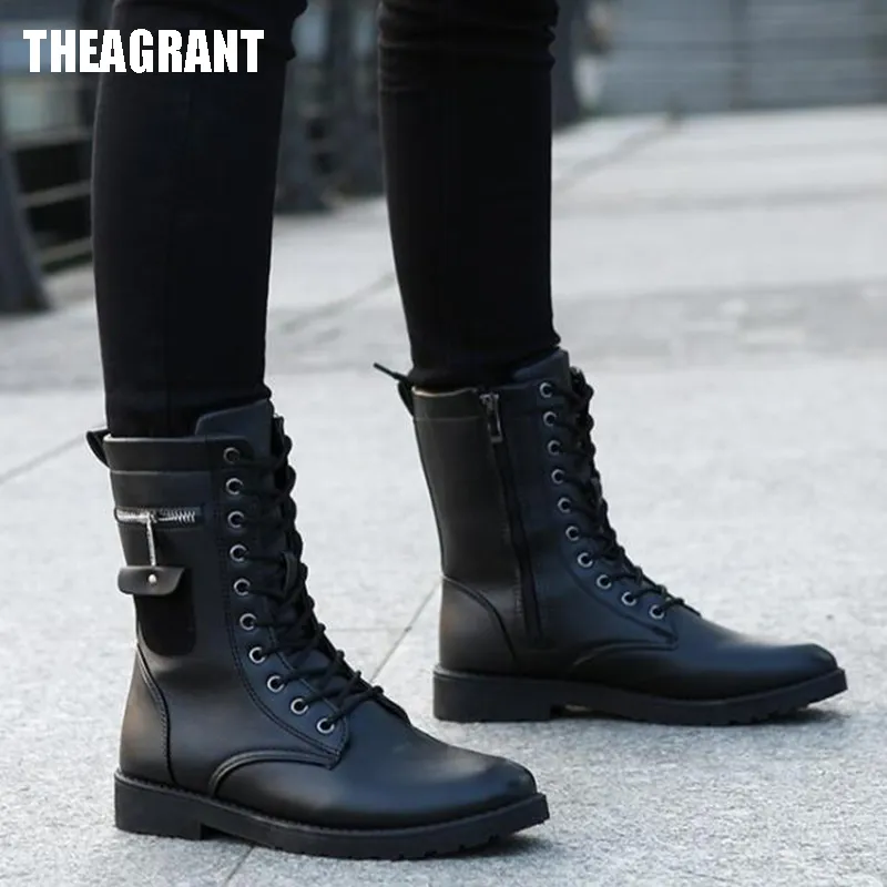 THEAGRANT 2018 Mężczyźni Buty PU Skórzane Mężczyzna Płaskie Buty Mid Calf Jesień Zima Mężczyzna Lace Up Martin Combat Boots Obuwie MBS3000