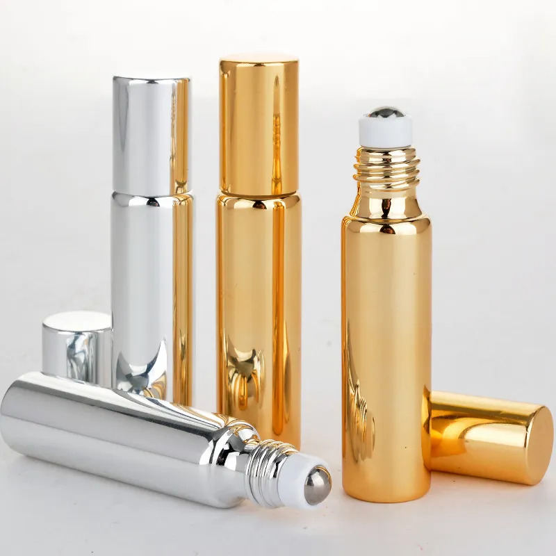 Groothandel 300 stks 10 ml roll op glazen fles zwart goud zilver geuren etherische olie parfumflessen met metalen roller bal gratis verzending