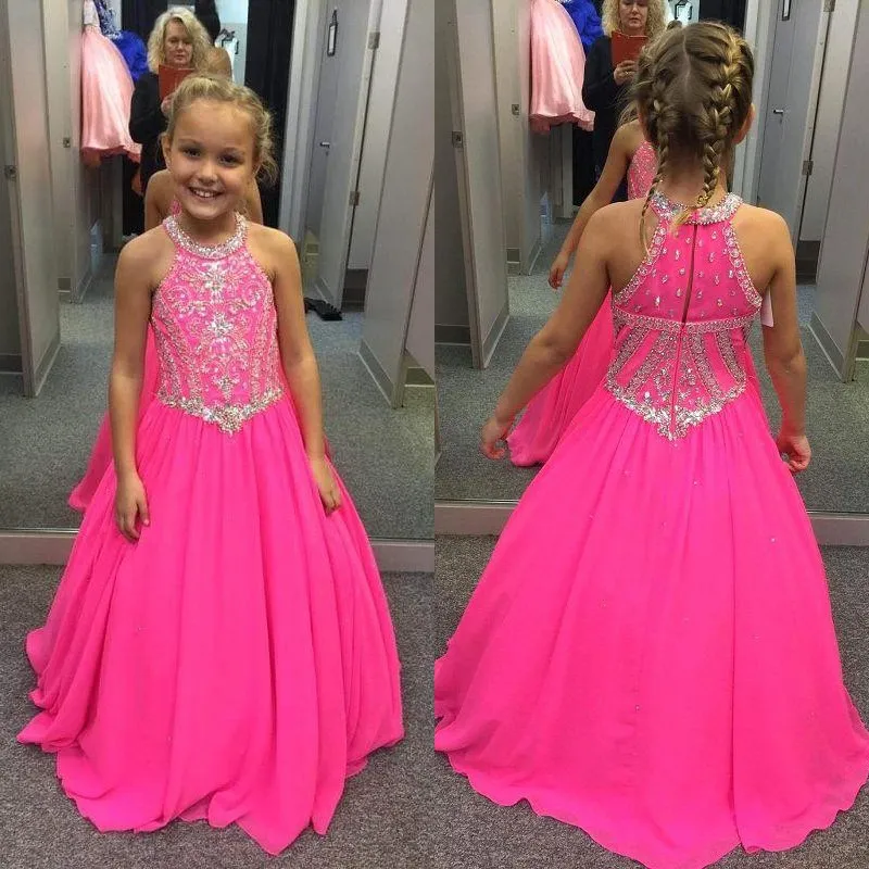 Sparkly 2018 Hot Pink Kids Prom Dresses Beaded Sequin Crystal Crew