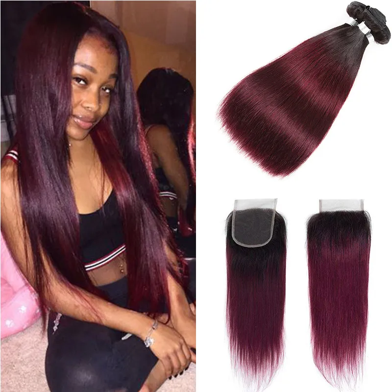 Brazilian Ombre Straight Human Hair 3 Bundles With Closure Colored 1B/99j Burgundy Brazilian Virgin Human Hair Weave With Lace Closure