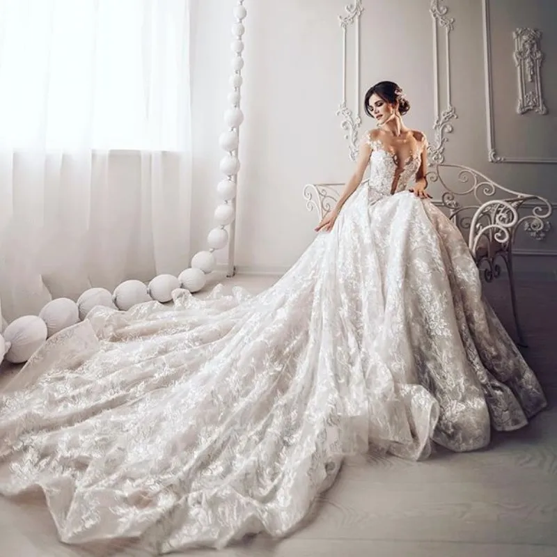 Abiti da sposa romantici taglie forti Abito da sposa trasparente con collo gioiello e maniche ad aletta, con perline, abito da ballo in pizzo, glamour, sexy, abito da sposa