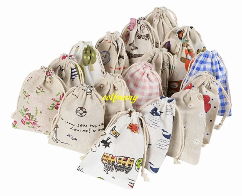 50 teile/los Kostenloser Versand 10*14 cm Schmuck Geschenk Tasche Hochzeit Baumwolle Gedruckt Kordelzug Einkaufstaschen Kleine Beutel für Kinder