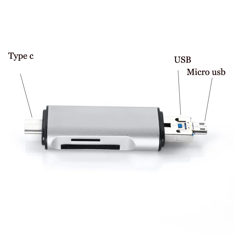 3 i 1 metallkortläsare USB-typ C Micro USB OTG-kortläsare 2 Slots för SD Micro SD SDHC SDXC TF-kortläsare