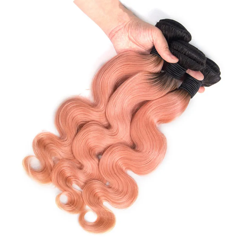 Body Wave Ombre # 1B / Rose Gold Bundles de tissage de cheveux humains vierges péruviens avec fermeture Ombre Rose Tissage de cheveux humains avec fermeture à lacet 4x4