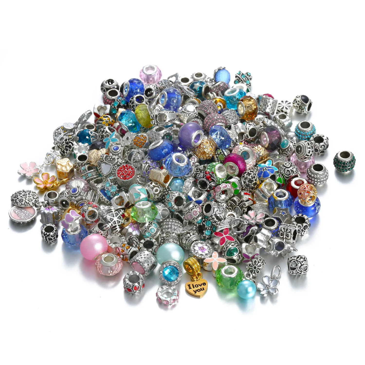 50PCS Mixed Styles Wholesale Multicolor Crystal Alloy Beads Charms For Pandora DIY Jewelry European Bracelets Bangles Women Girls Gifts B006