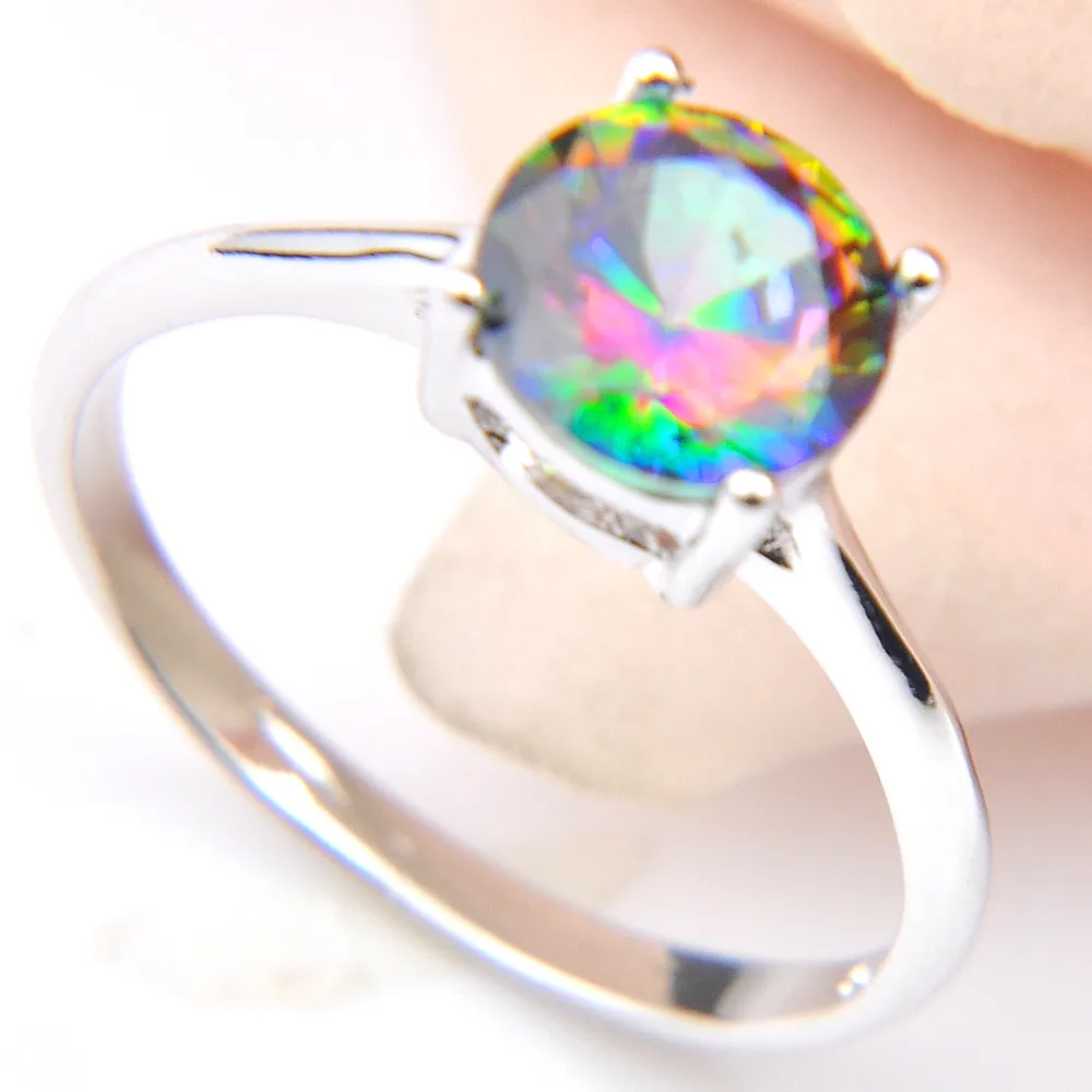 10 datorer Vintage 925 Sterling Silver Round Natural Rainbow Mystic Topaz Gems smycken Österrikisk kristall vigselring för älskare Ring2879