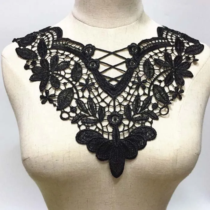 Guarnições de tecido colarinho Guarnição Decote Applique para o vestido / casamento / camisa / roupas / DIY / artesanato / flor de Costura Floral lace grace leaf black