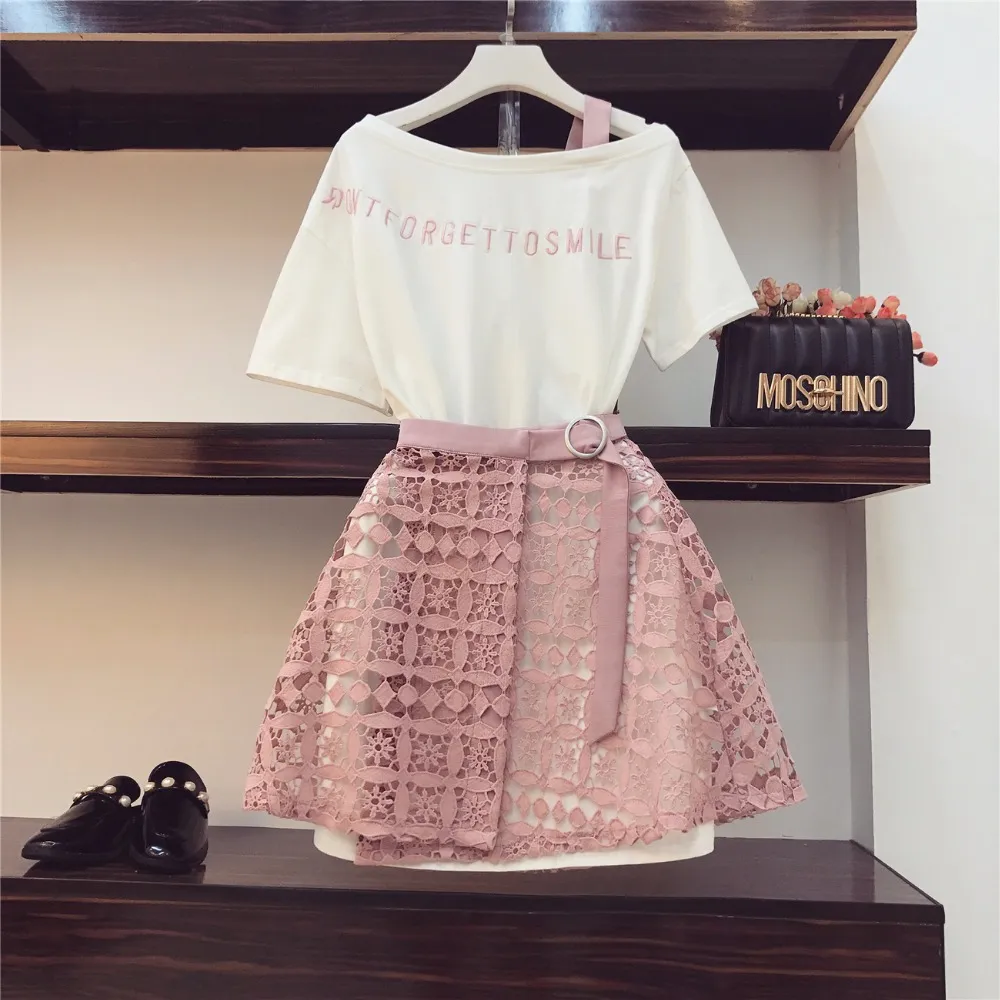 Amolapha Women Long T Shirts+Skirts Suits Casual Summer Slash Neck Letters Tshirt Dress Hollow Out Skirt Sets for Female Woman