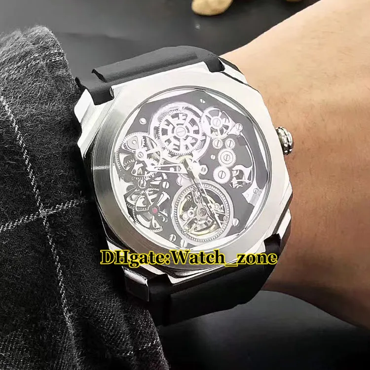 Octo Tourbillon Skeleton Black Dial 102719 Automatische Herenhorloge Zilveren Case Lederen Band Goedkope Nieuwe Hoogwaardige Horloges