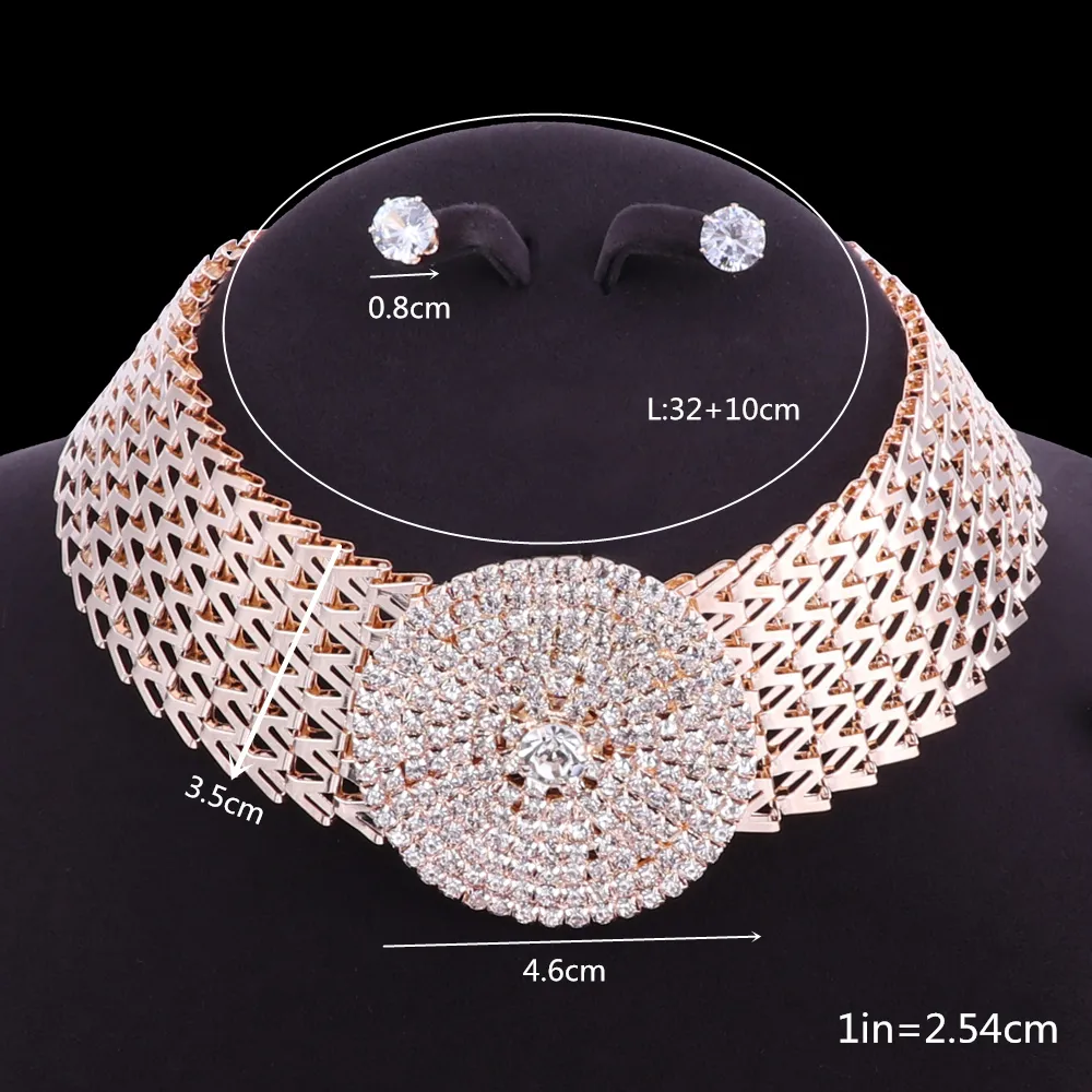 Hot Selling Bröllop Smycken Stetsar Crystal Bridal Smycken Set Gåvor Guld Färg Choker Halsband Örhängen Set Bröllopsdekoration