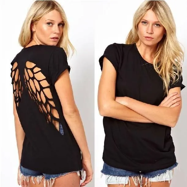 2018 Nova Moda Feminina T shirt Sem Encosto Asas de Anjo das Mulheres Branco Preto Shorts Tops T-shirt T-Shirt Outono-Verão L178