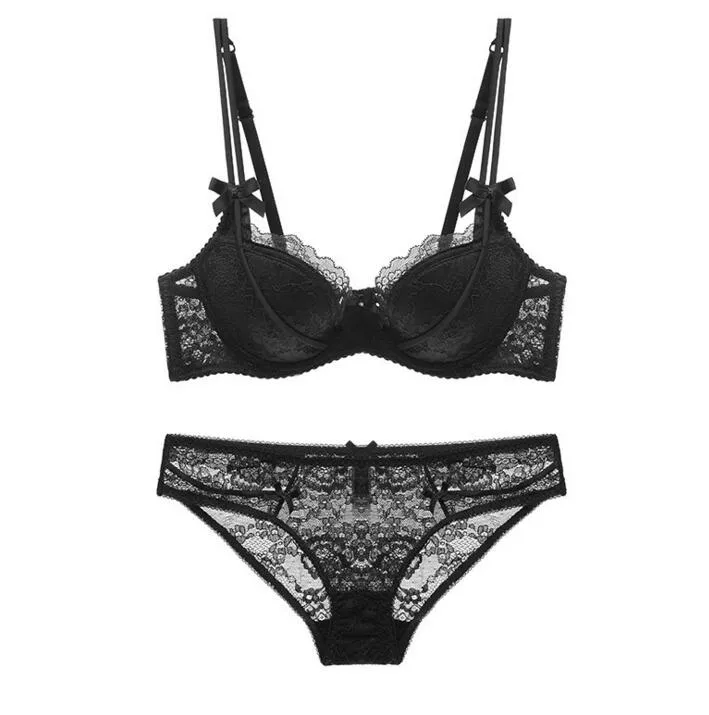 Womens Large Size Sexy Lace Bra Sets Thin Cotton Cup Deep V Bra Sets