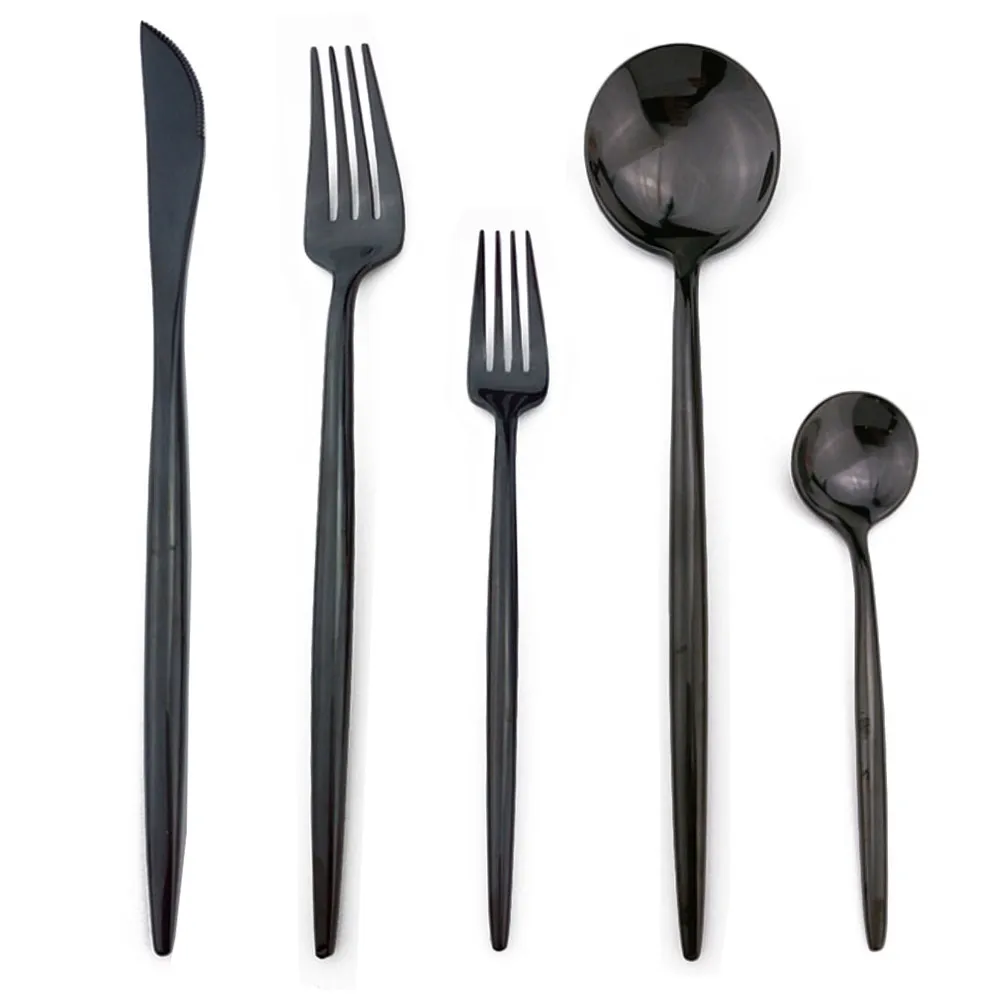 Set di stoviglie in oro rosa arcobaleno nero da 30 pezzi Set di posate da tavola in acciaio inossidabile di alta qualità Coltello forchetta Cucchiaino Carino Posate Blackware Set