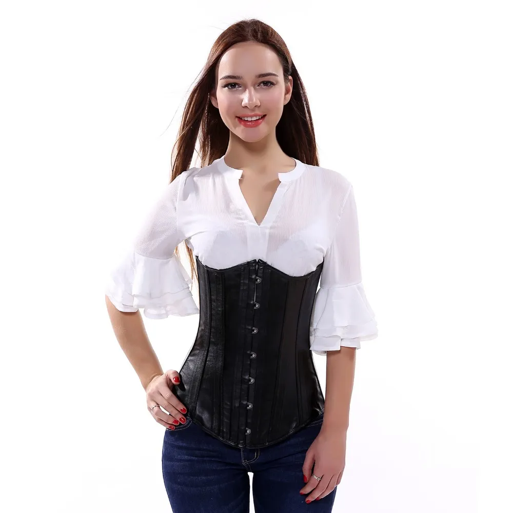 Black Waist slimming Corset Lace Up Overbust Sexy Faux Leather PVC Corsets  Bustiers Steampunk