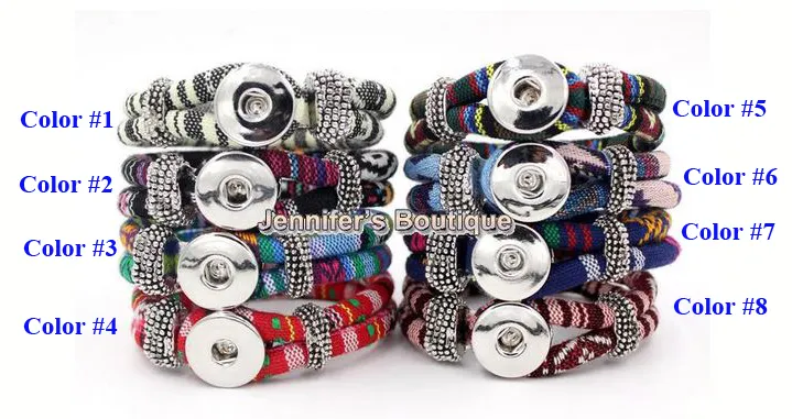 Groothandel gratis verzending nieuwe collectie 9 kleuren Classic Chunks Snaps sieraden armband, etnische stijl katoenen touw DIY Snaps sieraden