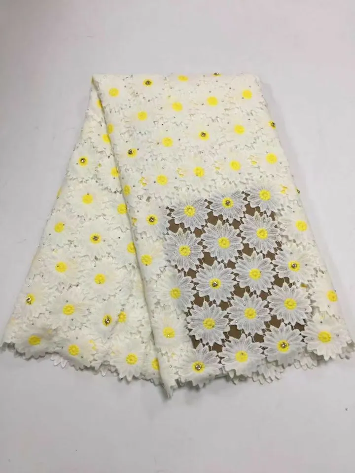 5Yards/pc belle fleur blanche broderie dentelle de soie de lait africain avec des pierres tissu de coton français pour robe BM6-2