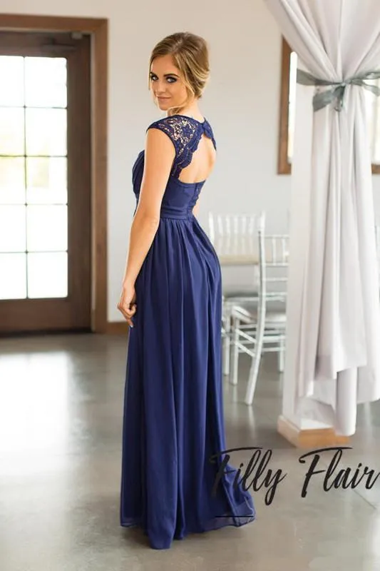 Blush Mint Royal Blue Chiffon Country pastel bridesmaid dresses with Lace Scoop and Cut-Out Back - Floor Length Maid of Honor Gown (EN2241)