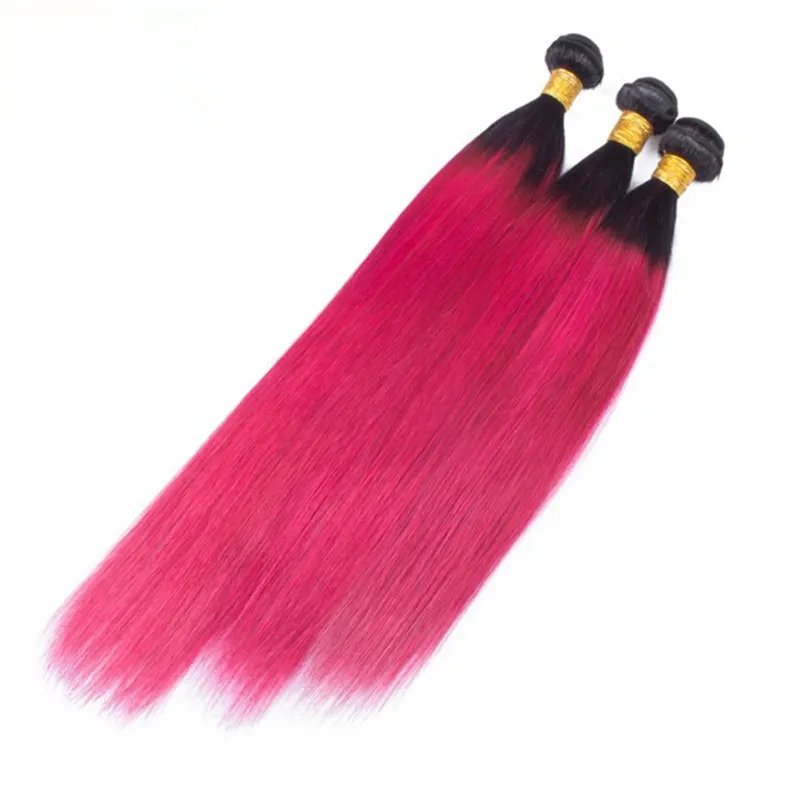 Brésilien Ombre Rose Vierge Cheveux Humains 3 Bundles Offres avec 13x4 Dentelle Frontale Fermeture Droite 1B / Hot Pink Ombre Cheveux Tisse avec Frontaux
