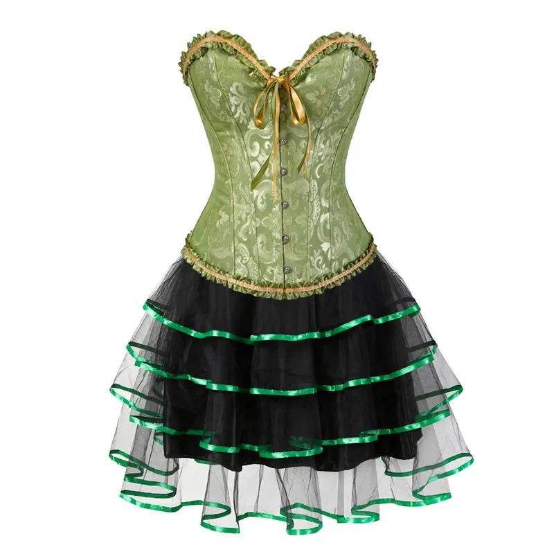 Gótico espartilho burlesco e saia plus size Halloween trajes Victorian espartilho vestidos festa floral moda sexy verde 6xl