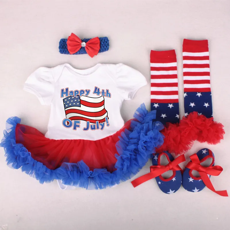 10Styles Baby Grils 투투 드레스 Rompers 세트 Rompers Headbands 신발 양말 미국 국기 레드 블루 별 드레스 독립 기념일