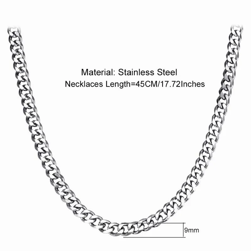 45cm 50cm 55cm 60cm 70cm Längd 9mm Bredd Rostfritt Stål Halsband Mens Curb Cuban Chain Halsband Silver Tone Chain Hiphop Smycken