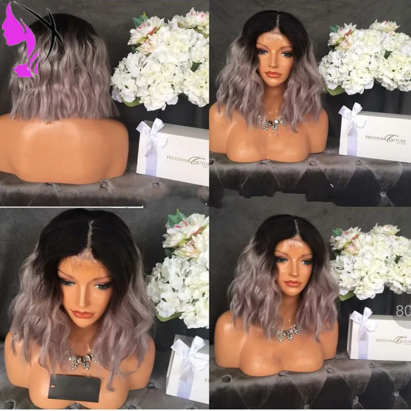 Middle part 1b/Gray Ombre Short Wave Bob Style Heat Resistant Synthetic Lace Front Wigs For black Women Natural Wig 