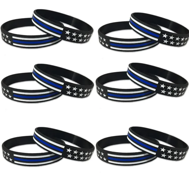 300pcs/lot line Blue Blue Bracelets American Flag Bracelets Silicone Silicon Bands ، إنه رائع ومرن للغاية لارتداء يوم إلى نهاري C0162