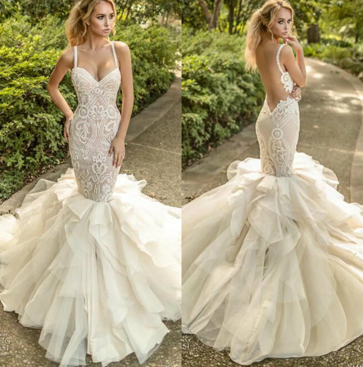 Naama & Anat Couture 2019 Mermaid Wedding Dresses Spaghetti Backless Lace Bridal Gowns Sweep Train Country Wedding Dress Custom Made