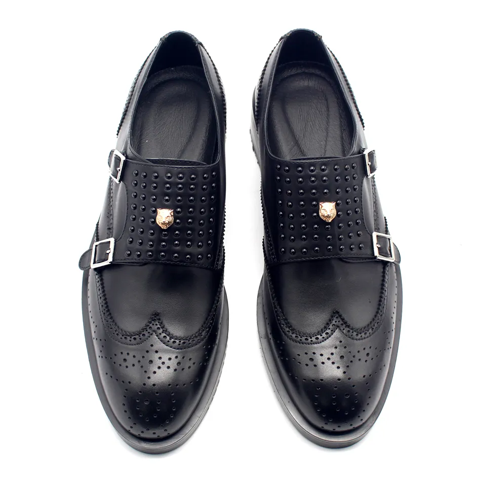 Monk Strap Rivets Feito à Mão Preto Formal Terno Vestido Sapatos Masculinos Oxfords Couro de Vaca de Alta Qualidade Sapato de Negócios Masculino