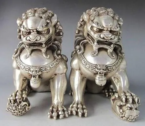 Silver Guardian Lion Foo Fu Dog Statue Pair, Chinese Feng Shui ...